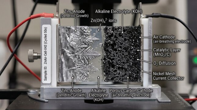 Close-up of a zinc-air battery cell showing dendritic growth on the anode
