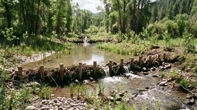 Beaver dam construction in a lush forest stream with surrounding vegetation