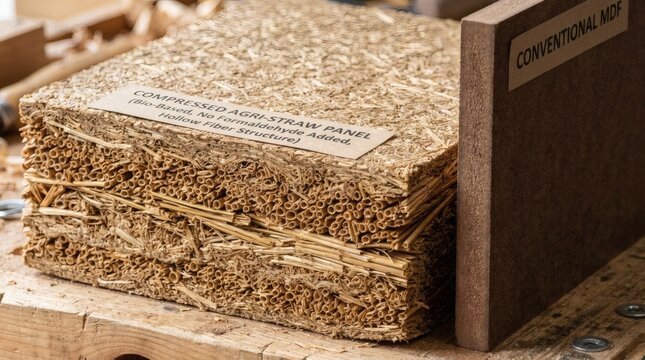 Compressed agri straw panel next to conventional mdf board