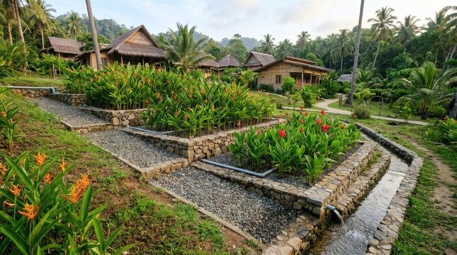 Tropical resort with terraced gardens and bamboo bungalows nestled in lush jungle