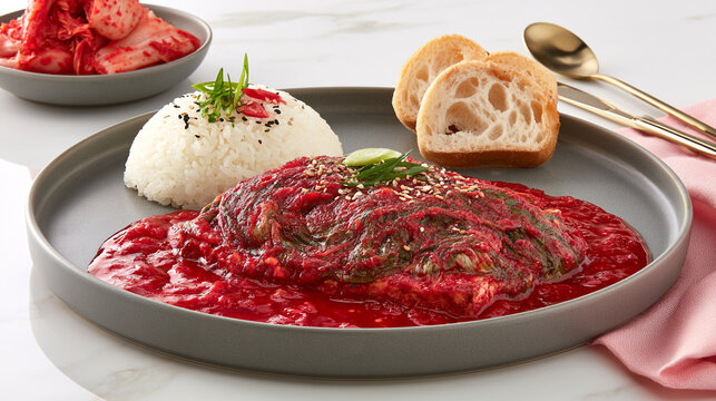 Savory dish with rice red sauce sliced bread side bowl on a table cooked meal hot meal