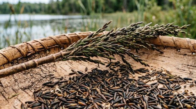 Wild rice grains and stalk in a rustic woven basket near a lake