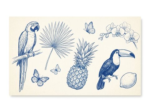 Tropical set with macaw parrot, toucan, pineapple, palm leaf, orchids and butterflies, handdrawn sketch style illustration