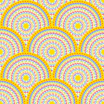 Dashed lines in scallop shapes, seamless vector pattern, abstract geometric background, boho ethno design with concentric semicircles and circles with dotted, dashed, and radiating details