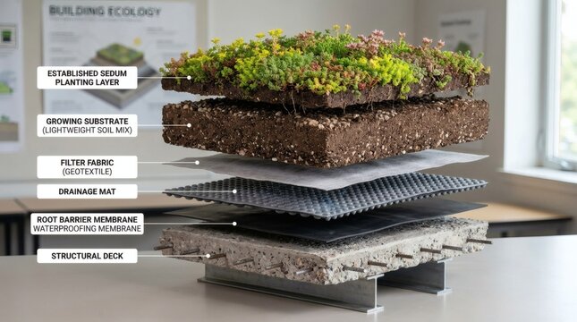 Exploded view of green roof layers showing sedum planting, substrate, filter, drainage, and waterproofing