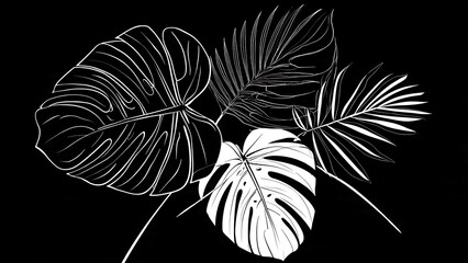 White line drawing of tropical monstera and palm leaves on black background isolated on transparent background © MILON