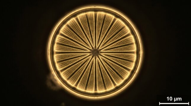 Microscopic view of a circular diatom with intricate radial patterns and glowing golden light