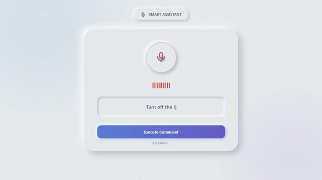 Modern smart voice assistant interface recognizing and executing a voice command to control lights, representing artificial intelligence, voice recognition, smart home automation