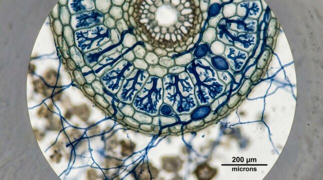 Microscopic view of plant root cells with fungal hyphae and spores