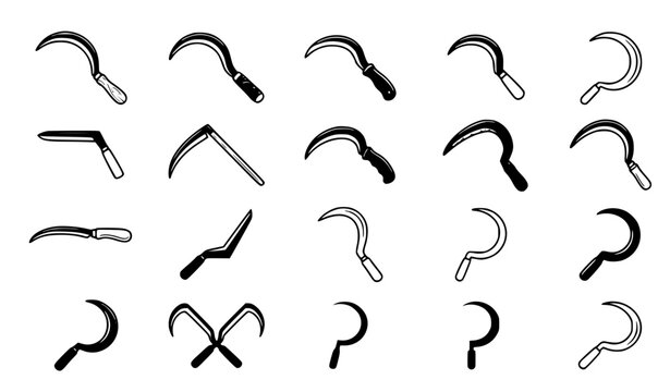 Agricultural sickle harvesting tool outline vector icon set in black and white
