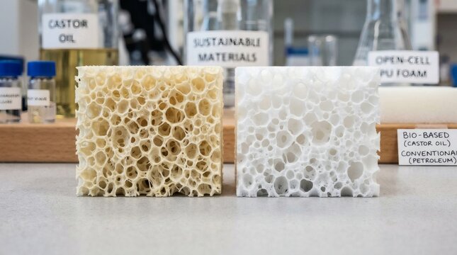 Two types of polyurethane foam, one bio-based from castor oil and the other conventional petroleum-based, displayed in a laboratory setting