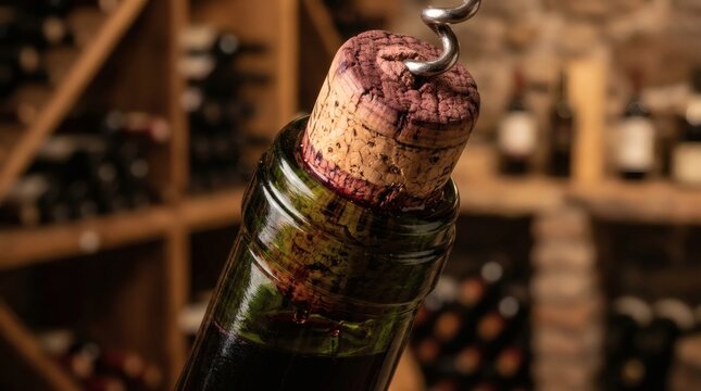 Corkscrew removing cork from wine bottle in cellar