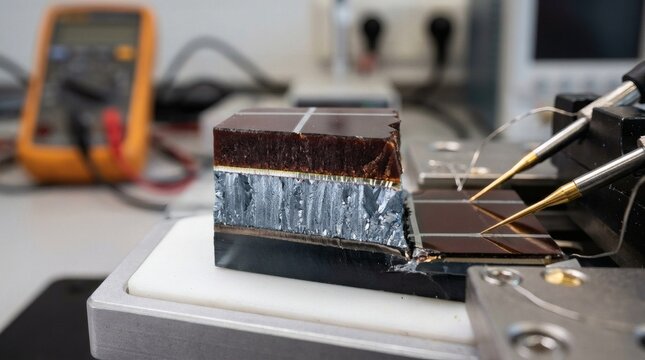 Cross section of a solar cell being tested with probes in a laboratory