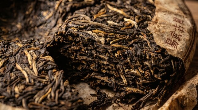 Close up of compressed pu erh tea leaves with paper wrapper