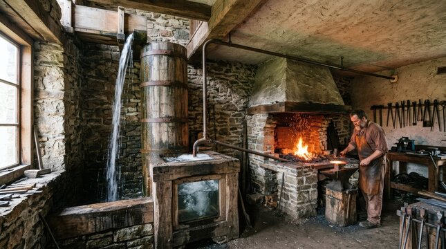 Blacksmith working at a forge with water wheel power in a rustic workshop