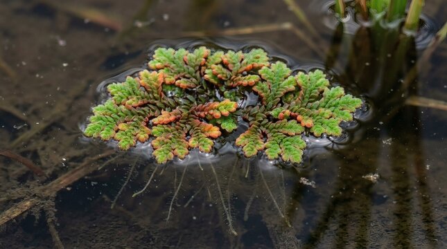 Floating water fern with green and red leaves and visible roots in dark water