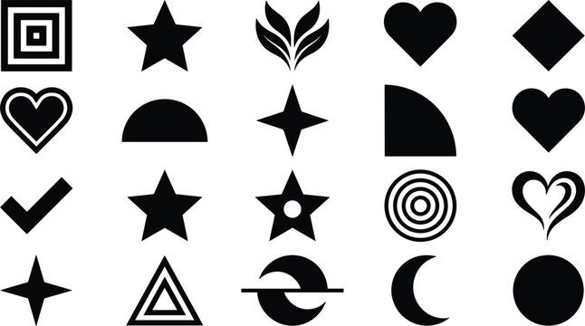 Cute black solid vector icons collection containing heart star leaf crescent and geometric shape symbols