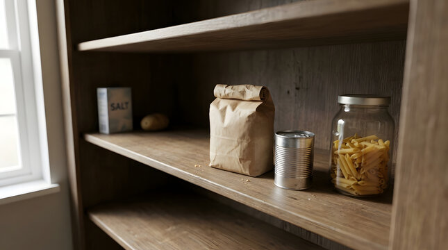 Pantry shelf with dry food supplies and kitchen staples in a home storage cupboard