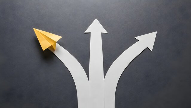 Yellow paper airplane changing direction on splitting white arrows representing innovation and different business strategy
