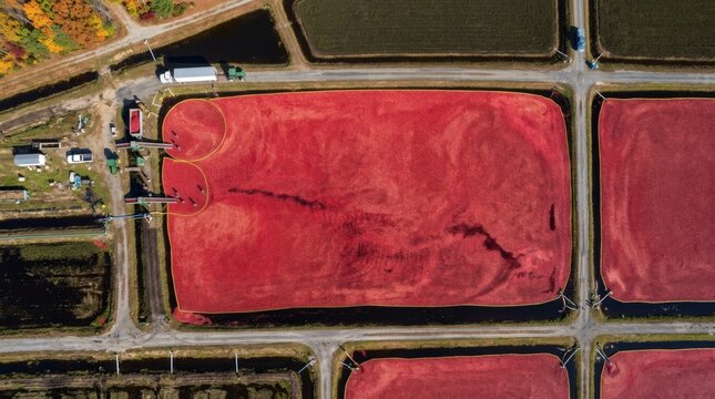 Aerial view of cranberry farm during harvest with flooded fields and machinery