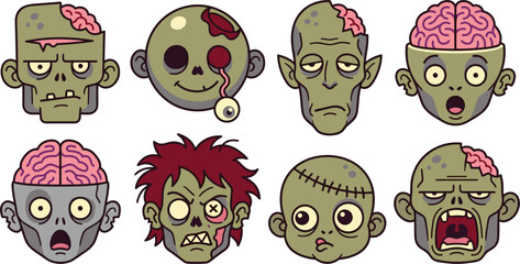 Zombie cartoon character head avatar stickers set with exposed brains and eyeballs on white background, © MdNipon
