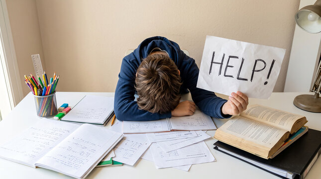   
Stressed student overwhelmed by homework sitting at desk with head down holding help sign symbolizing academic pressure, burnout, and need for educational support Generative Ai.
