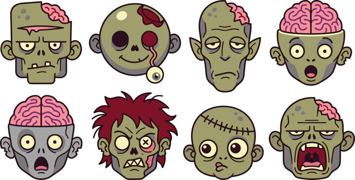 Zombie cartoon character head avatar stickers set with exposed brains and eyeballs on white background,