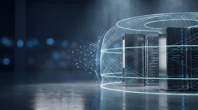 Modern server room interior with glowing digital data streams representing the concept of advanced cloud computing technology infrastructure