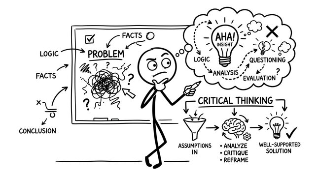 Character performing critical thinking analysis on whiteboard.