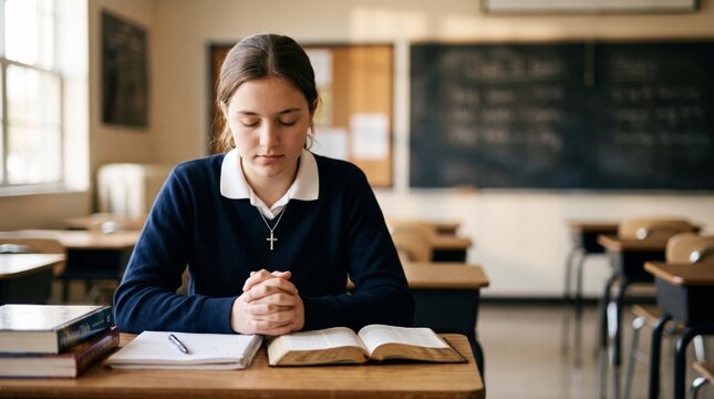 Young Christian student prays beside an open Bible and school books while sitting alone in a classroom