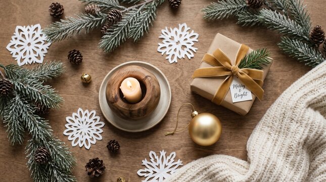 Festive christmas flat lay with a candle gift box pine branches and snowflakes on a wooden background
