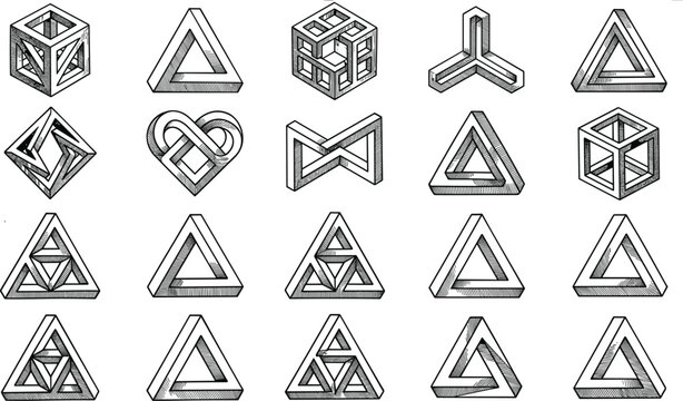 Impossible geometric figures and optical illusion objects sketch and line art collection vector set