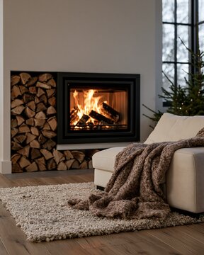 Cozy living room interior with modern fireplace and warm fire flame