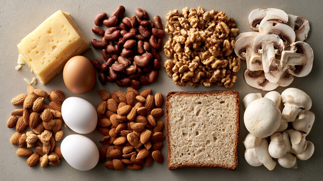 Flat lay composition of healthy ingredients including cheese eggs nuts bread mushrooms