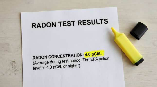 Home Inspection Radon Test Results Sheet Detailing EPA Action Level Guidelines with Yellow Marker on Desk