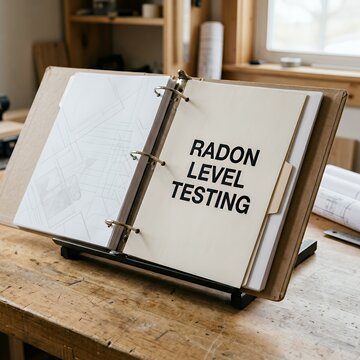 Home Radon Testing Binder and Architectural Blueprints on Drafting Table for Contractor and Property Safety