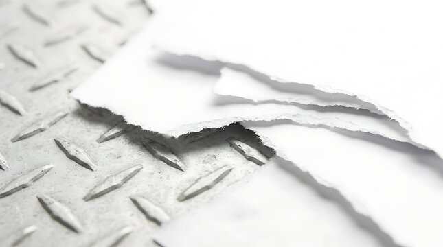 Torn white paper sheets on industrial metal diamond plate texture background