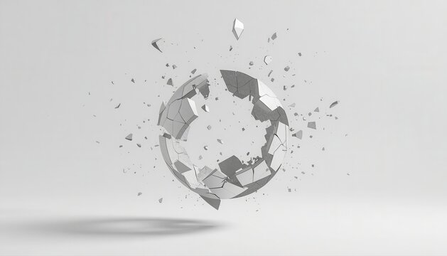 Floating abstract globe disintegrating into tiny polygonal fragments in a white studio space with polygonal sphere shattered world geometric globe broken planet digital fragmentation wireframe