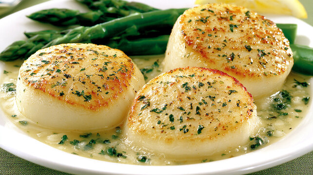 Seared scallops served with creamy sauce and green asparagus spears on a white plate