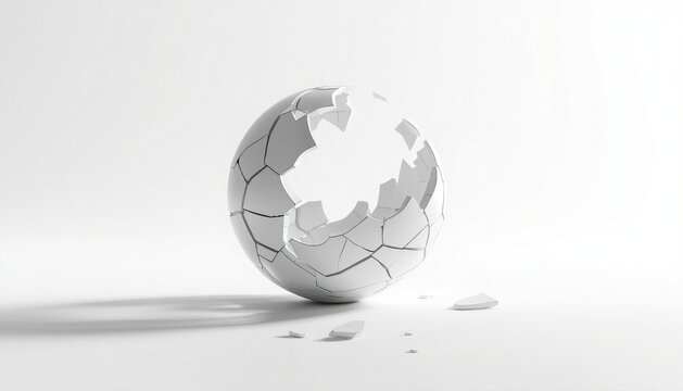 Cracked white sphere breaking apart on a clean white background with broken ball abstract object minimalist design geometric shape fractured surface modern art destruction concept fragment