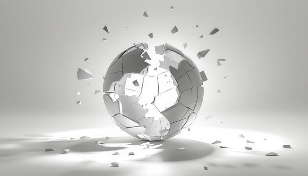 White polygonal globe exploding and scattering small geometric fragments across a white floor with polygonal sphere shattered world geometric explosion breaking planet fragmented globe sci