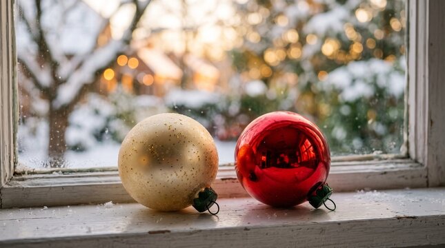 Vintage christmas ornaments sit on a windowsill with a snowy winter scene outside