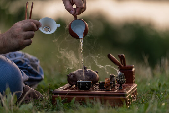 Outdoor tea ritual for wellness and healthy aging