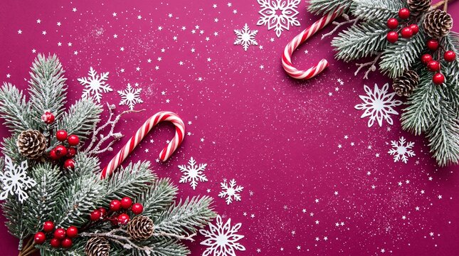 Festive christmas background with candy canes pine branches and sparkling snowflakes