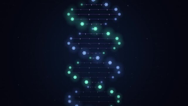Abstract DNA helix animation, glowing blue and green genetic spiral, digital biotechnology background for medical research and science