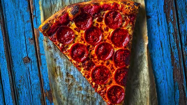 4K Video of a classic pepperoni pizza slice with melted mozzarella cheese and tomato sauce on a rustic plate.