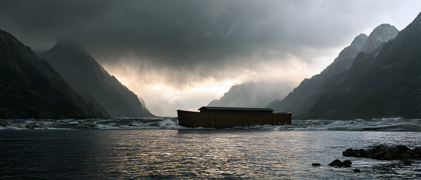 Noahs ark floating on turbulent waters between dark, imposing mountains during a heavy storm