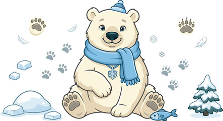 Cute polar bear wearing scarf winter arctic elements footprints snow tree isolated cartoon flat vector illustration © MdNipon
