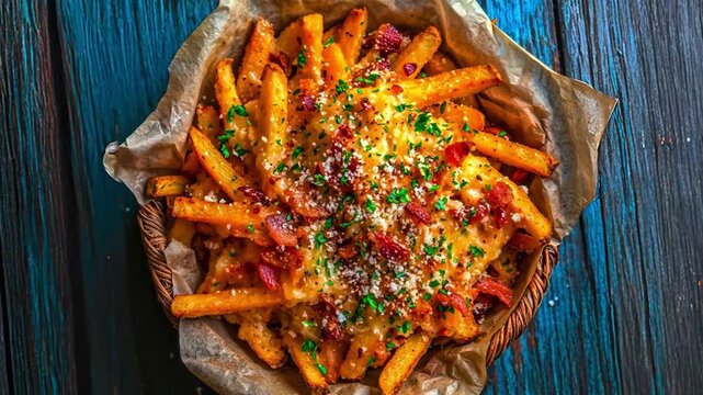4K Video of crispy French fries topped with melted cheese, herbs, and savory seasoning, creating an indulgent comfort food dish.