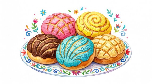 Colorful watercolor illustration of traditional Mexican conchas, sweet bread pastries with decorative sugar toppings, arranged on a floral plate.